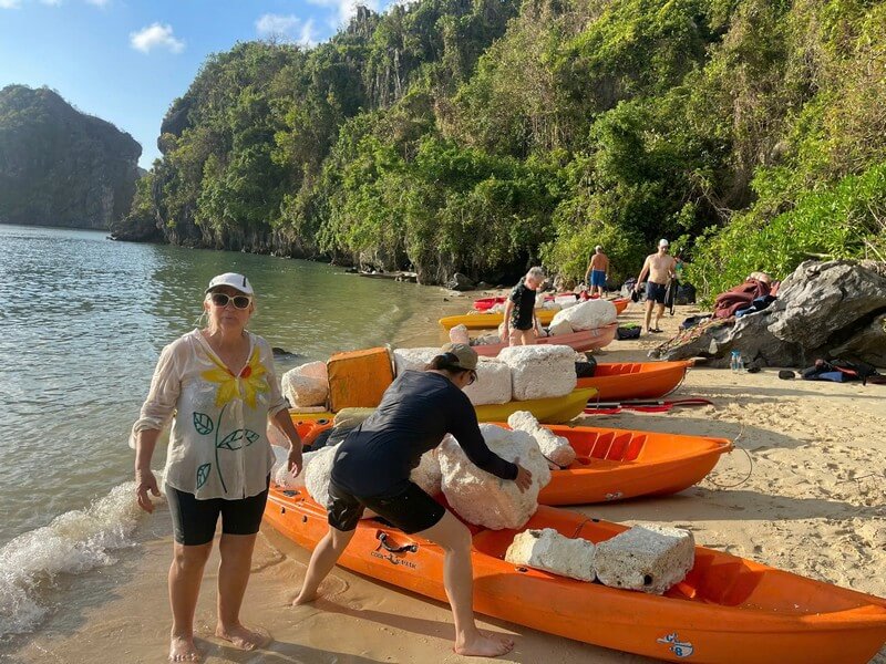 Travelers Join Hands to Clean Up Bai Tu Long Bay with Renea Cruise